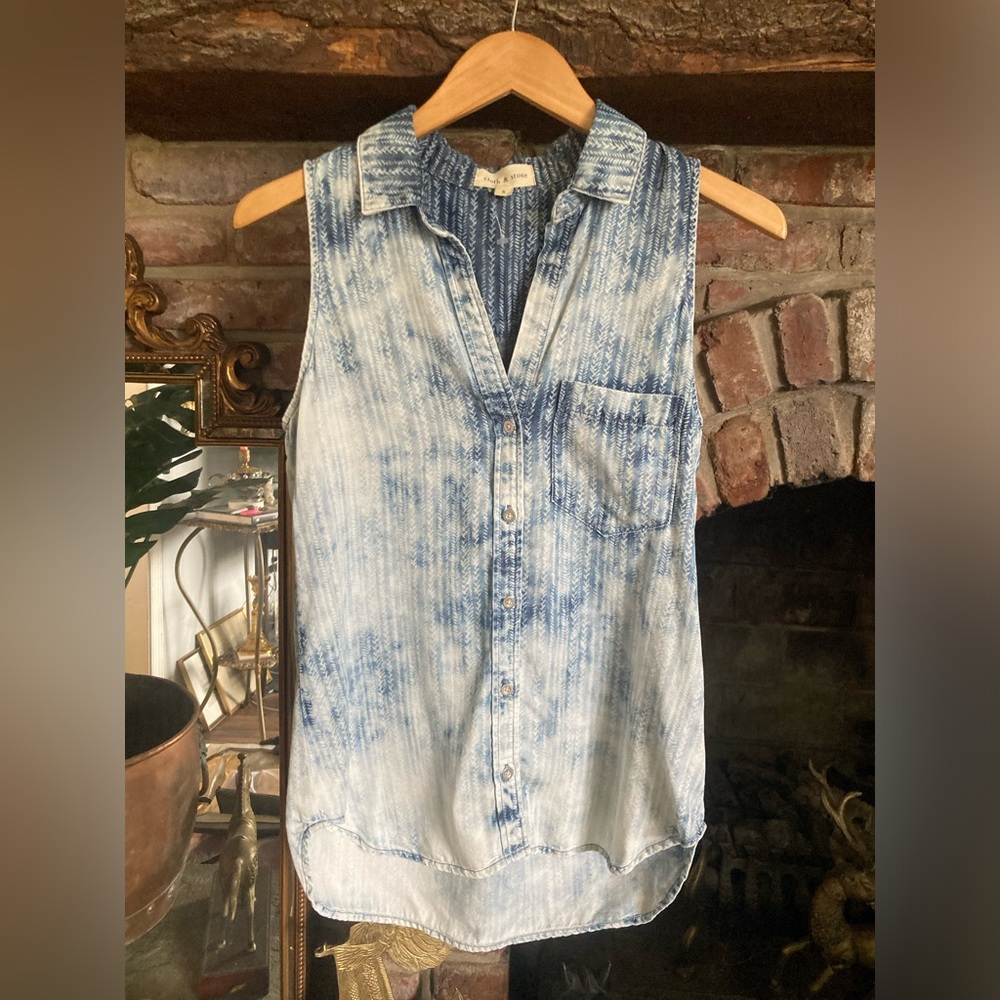 CLOTH & STONE | Anthropologie Soft Chambray Button Down Tie Dye Top Festival EUC